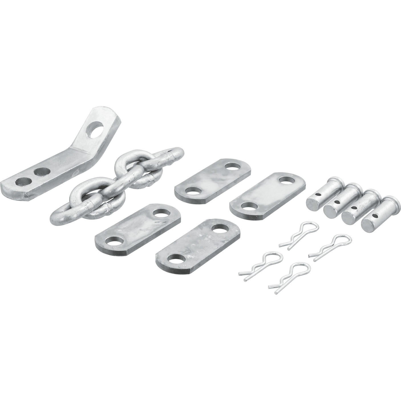 A Check Chain set from Sparex (Part No. S.42061), featuring 10 chain links, various flat plates with Ø10x50mm holes, and pins with cotter pins, arranged on a white background. Ideal for tractor parts and compatible with Massey Ferguson machinery.