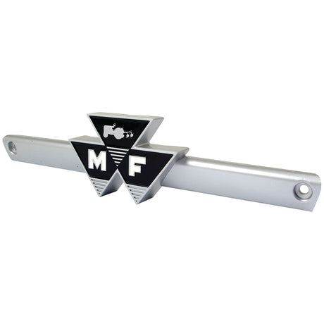 The "Emblem for Massey Ferguson" by Sparex, featuring two black triangles labeled "MF" and a tractor symbol, is mounted on a silver support bar with holes at each end. (Sparex Part No.S.42062)