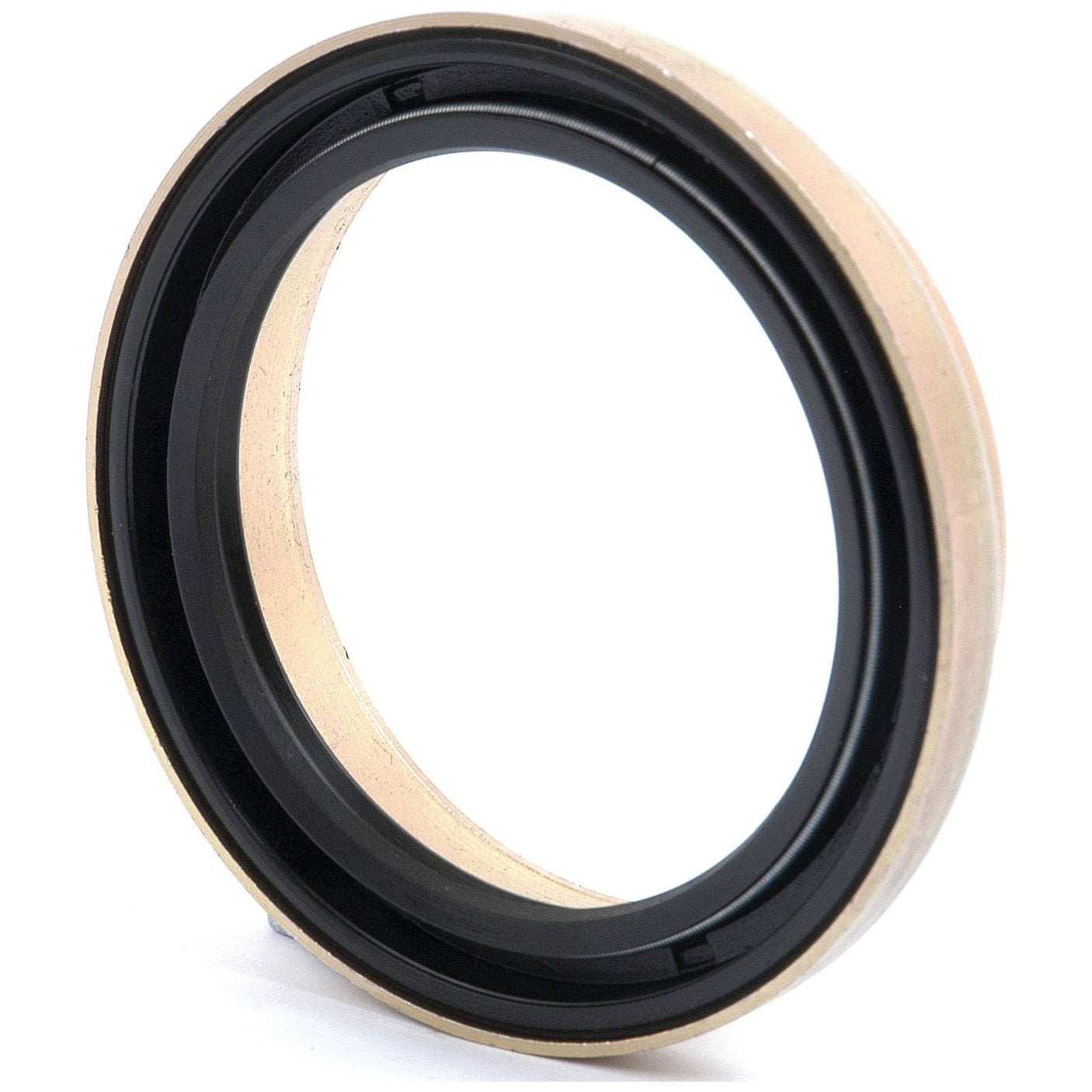 Close-up image of a Sparex Imperial Rotary Shaft Seal, 2 3/8'' x 3 1/8'' x 3/8'', featuring a beige outer ring and a black inner ring, perfect for Massey Ferguson machinery (Sparex Part No. S.42066).