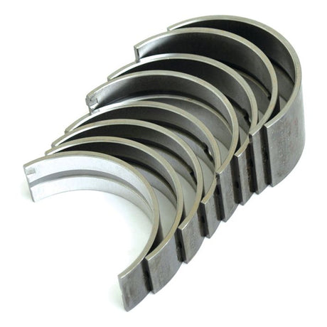 The image features a set of eight metal engine bearings, arranged in a staggered, partially overlapping formation. This Sparex Main Bearing +0.040'' (1mm) (Set), with Part No. S.42077, is ideal for Sparex Perkins and compatible with Massey Ferguson and Ford / New Holland Dexta models.
