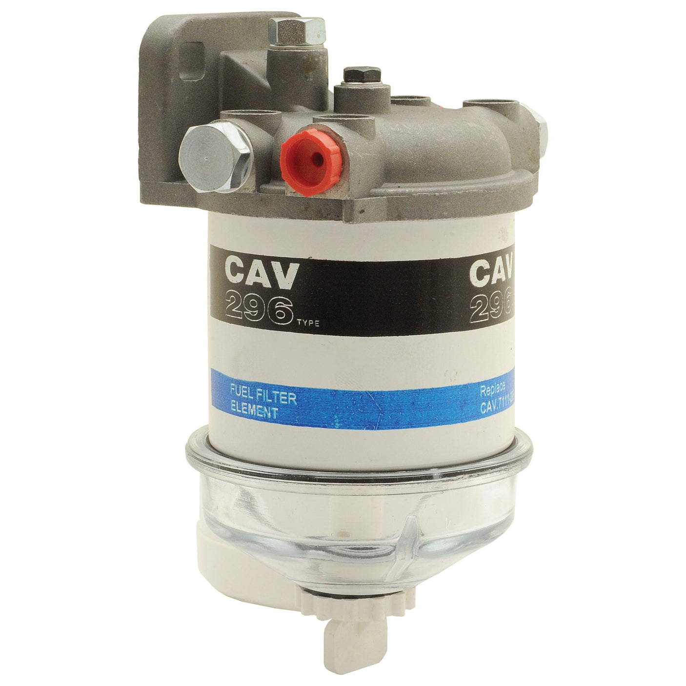 Introducing the Sparex Filter Assembly (Part No. S.42099), a grey and silver CAV 296 type fuel filter, featuring a blue strip labeled "Fuel Filter Element." This unit is compatible with UNF fittings and includes a transparent base along with a red-labeled plug. Designed for optimal performance, this high-quality filter guarantees reliability and efficiency.