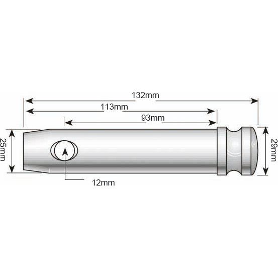 Diagram of a cylindrical object with measurements: length 132mm, 25mm diameter at one end, 29mm diameter at the other, and other dimensions labeled. Ideal for use with the Top link pin 25x95mm Cat. 2 by Sparex (Sparex Part No.S.420) or Massey Ferguson machinery.