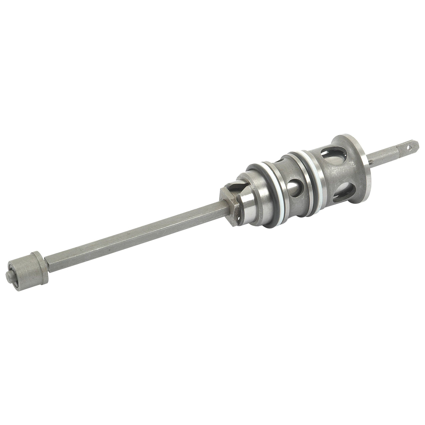 The Control Valve (Sparex Part No. S.42101) by Sparex is a metal cylindrical mechanical component with a long rod attached, featuring circular and rectangular shapes along with several protrusions and cutouts, commonly found in Massey Ferguson machinery.