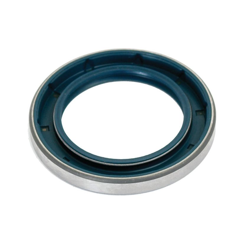 Close-up of a Sparex Metric Rotary Shaft Seal, 55 x 82 x 9mm (Part No. S.42102), composed of metal and rubber to prevent leakage. Isolated on a white background.