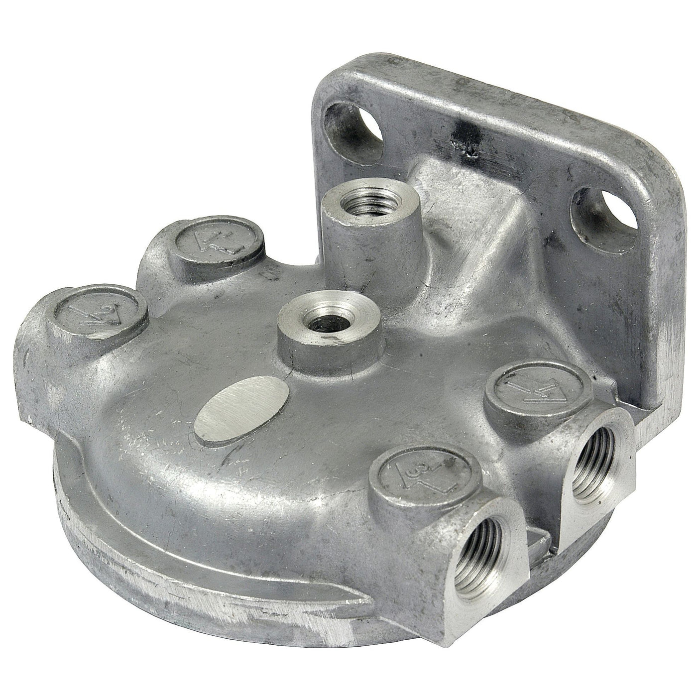 A metallic industrial component with multiple threaded holes and a flange featuring two mounting holes, the Sparex Filter Head (Part No. S.42127) is used for fluid or air connections in mechanical systems.