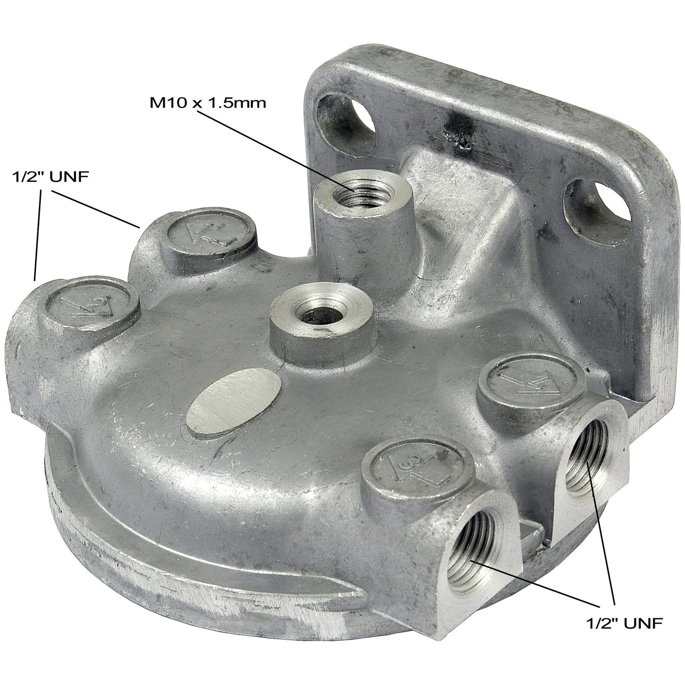 This Filter Head, Sparex Part No. S.42127 from Sparex, is a metal automotive part featuring three threaded ports labeled 1/2" UNF and one labeled M10 x 1.5mm, along with a mounting bracket; it is designed to fit Ford/New Holland and Case IH/International Harvester applications.