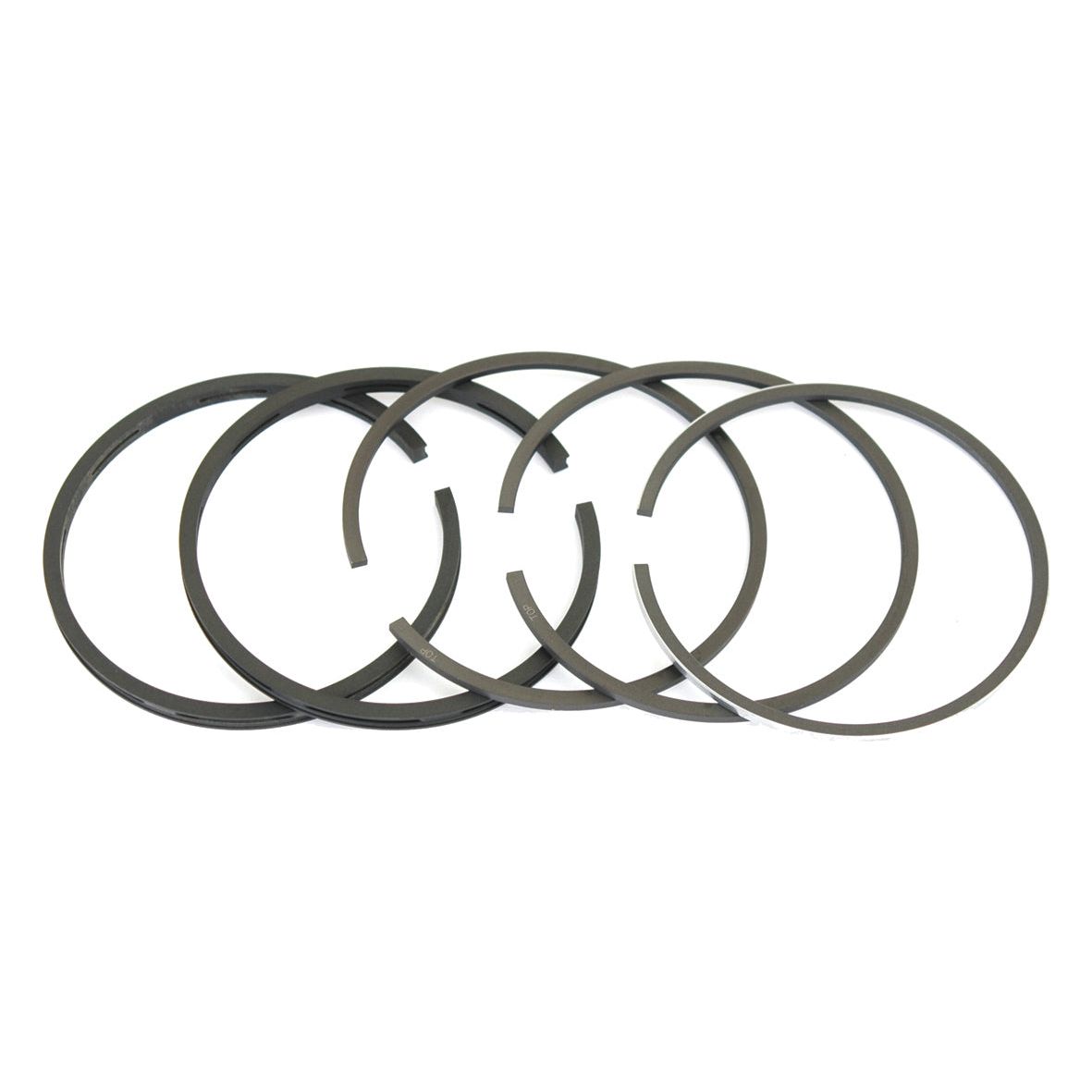 Five black *Sparex* piston rings (Sparex Part No. S.42135), compatible with the Massey Ferguson 23C 4 Cyl Diesel Engine, are arranged in a semi-overlapping manner on a white background.