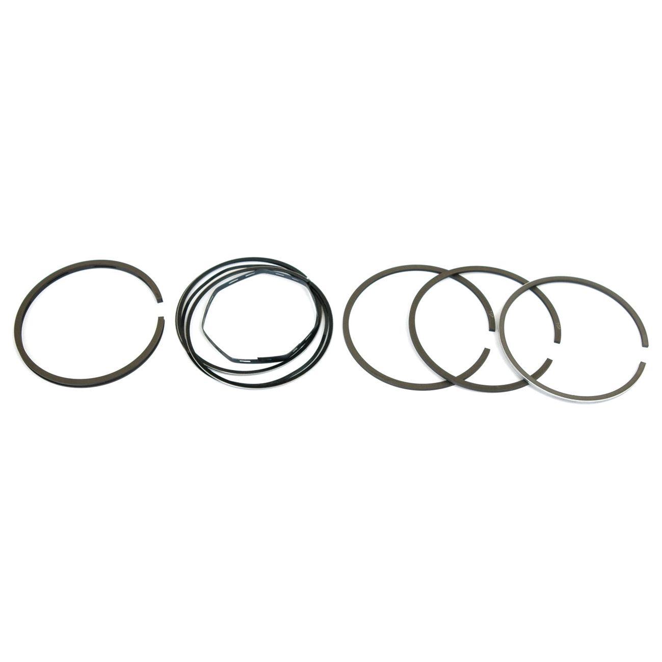 A Sparex Piston Ring set (Sparex Part No. S.42136) arranged in a row, featuring several chrome plated parallel-faced metal rings of various sizes and shapes.