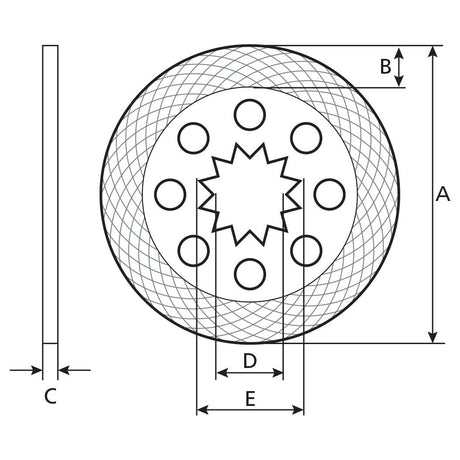 Technical drawing of the Handbrake Friction Disc with an outer diameter (OD) of 144.5mm, featuring a circular mechanical part with a star-shaped central hole, multiple round holes, and labeled dimensions A, B, C, D, and E. The side view and top view are shown. This Sparex component—S.42141—features a sintered lining for durability.
