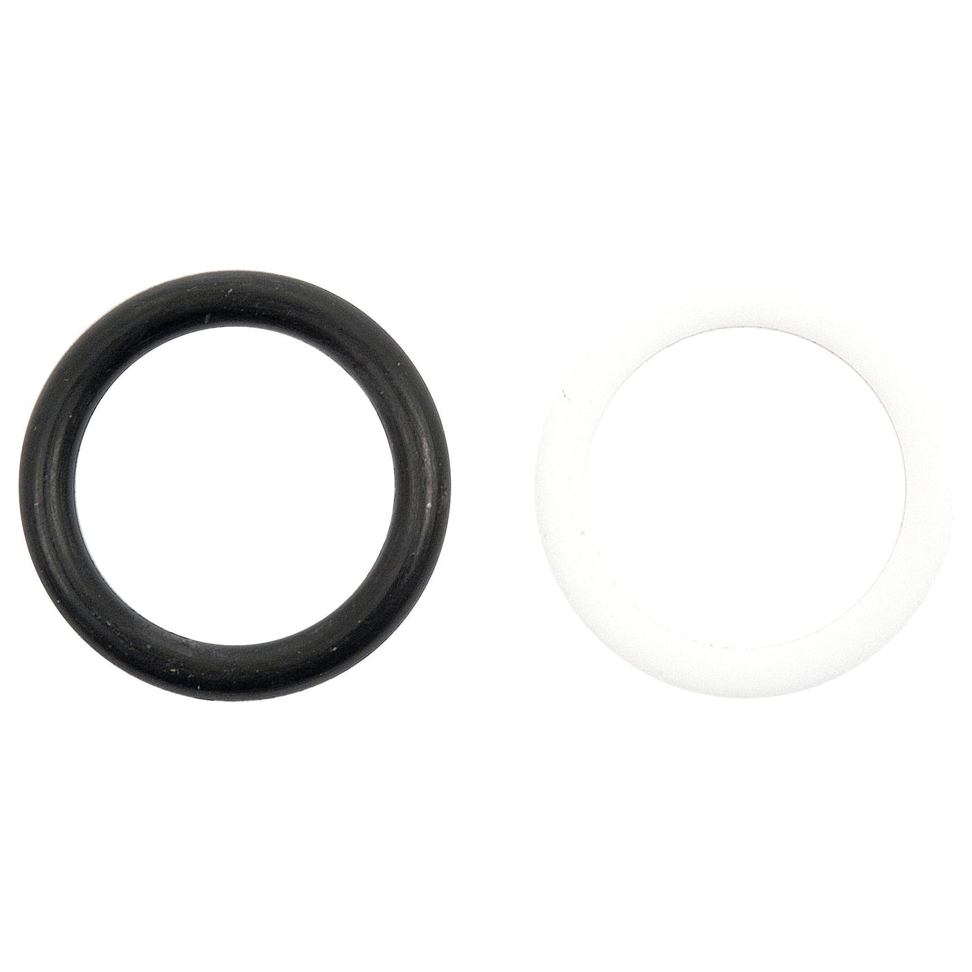 Image of a black rubber O-ring and a white rubber O-ring, placed side by side on a white background. Ideal for use in Case IH machinery's spool valve systems, the Seal Kit (Spool Valve), Sparex Part No. S.42142, ensures reliable performance and durability.