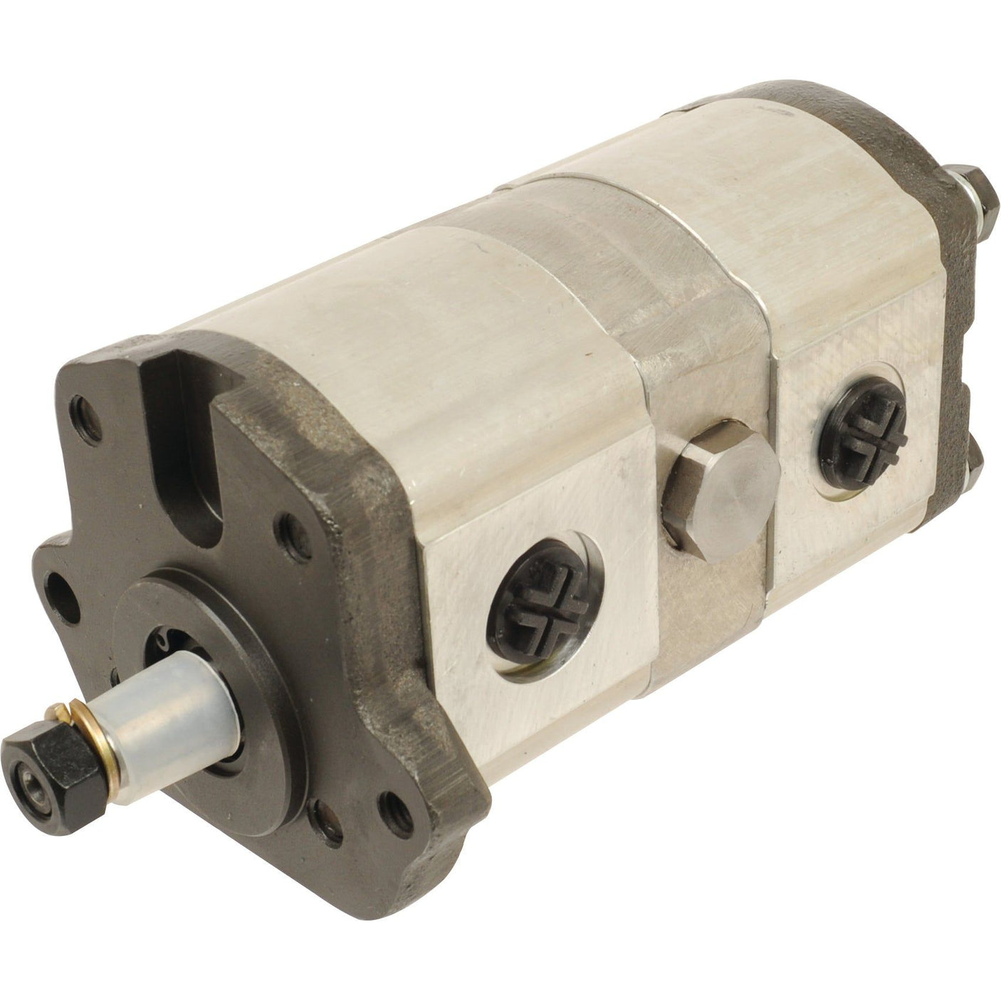 The Tandem Hydraulic Pump - S.42143, a Sparex product, is a metallic hydraulic tandem pump equipped with various ports, mounting holes, and a rotating shaft designed for fluid power applications. It provides reliable performance with an anti-clockwise rotation option and is available through Sparex.