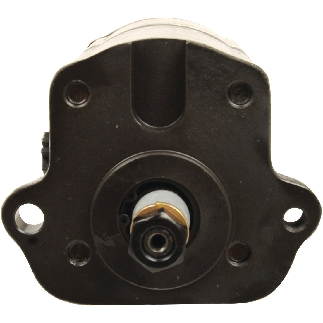 Front view of a mechanical component with a cylindrical base and mounting holes on either side, possibly the Tandem Hydraulic Pump - S.42143 from Sparex.