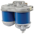 An isolated image of the Filter Assembly | Sparex Part No. S.42156, featuring dual blue metallic canisters with silver tops, suitable for Case IH and New Holland machinery from Sparex.