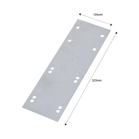 The Sparex Fender Extension Plate for Massey Ferguson, also known as Sparex Part No. S.42162, is a rectangular metal plate measuring 104mm by 323mm, featuring four holes on each side and two in the center.