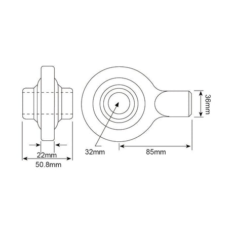 Technical drawing of the Top Link Weld On Ball End (Cat. 3) | Sparex Part No.S.4216, by Sparex, with product specifications: dimensions labeled in millimeters include 50.8mm width, 22mm height, 85mm length, 36mm total height, and a central circle with a diameter of 32mm.
