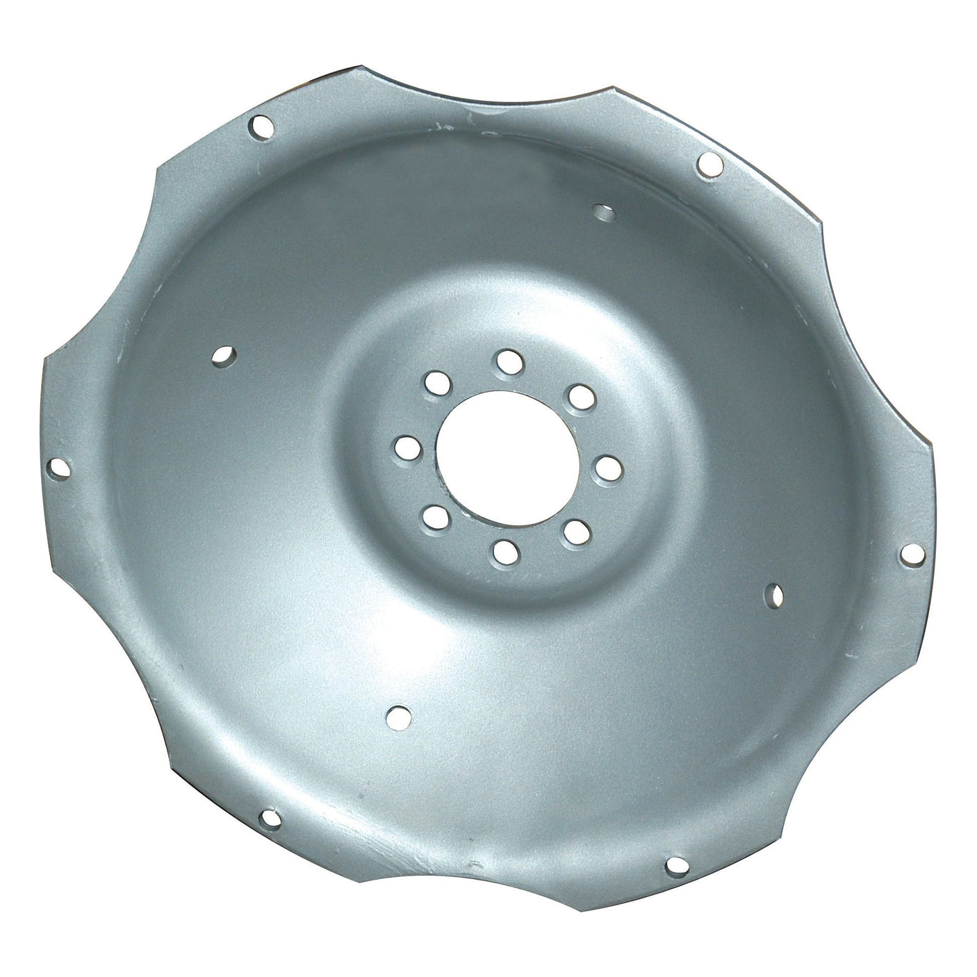 The Sparex Wheel Disc (Sparex Part No. S.42170) is a silver metal wheel hub featuring multiple holes, including a central circular hole surrounded by several smaller ones. The rim is slightly curved and has evenly spaced notches, specifically designed for Ford / New Holland vehicles with 6 lugs for secure attachment.