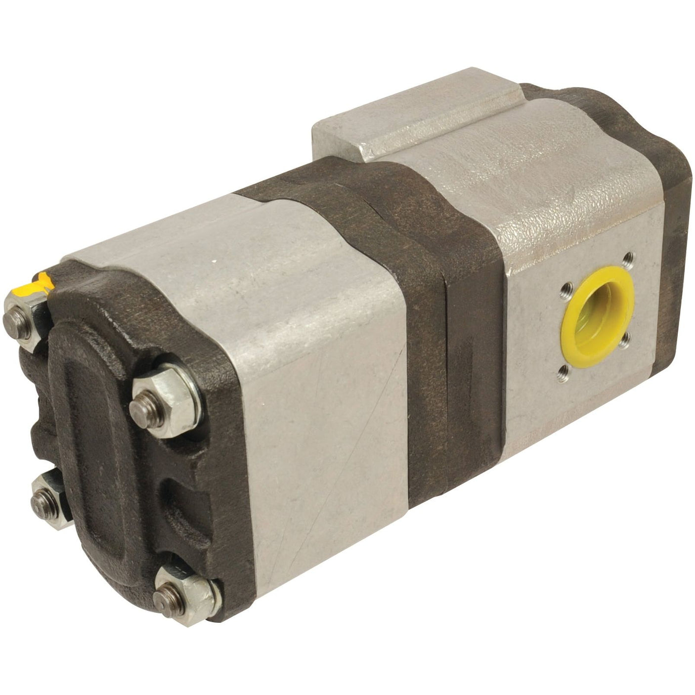 A Sparex Tandem Hydraulic Pump (S.42172) featuring a rectangular body, bolted ends, and a yellow circular port on the side, engineered with an anti-clockwise rotation.