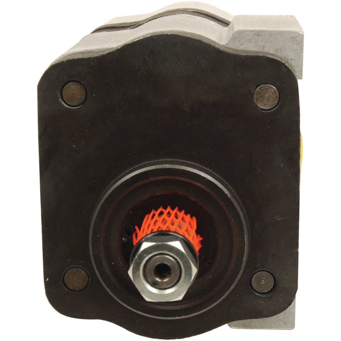 Close-up of a mechanical component featuring a hex nut at the center, four bolts in each corner, and a metal housing with a visible orange mesh-like material inside—ideal for integration with Sparex's Tandem Hydraulic Pump - S.42172 system.