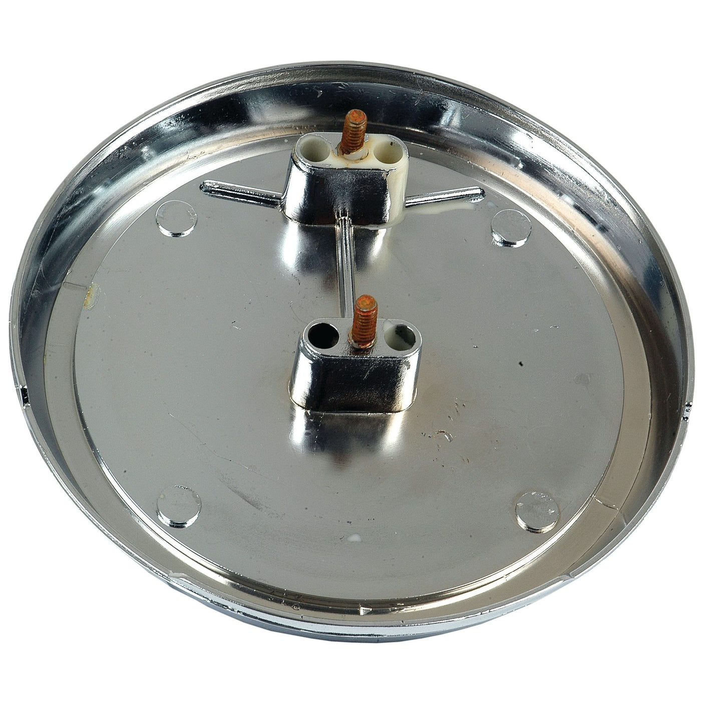 Introducing the Medallion Back Plate (Sparex Part No. S.42180), a round metal hotplate featuring two exposed screws and two ceramic insulators on top, designed for seamless integration with Massey Ferguson tractors. Brought to you by Sparex.