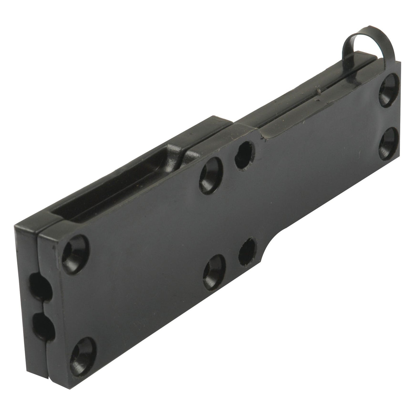 The Foot Throttle Housing by Sparex (Part No. S.42192) is a black, metal rectangular component featuring multiple screw holes and a latch mechanism, ideal for Massey Ferguson tractor parts.