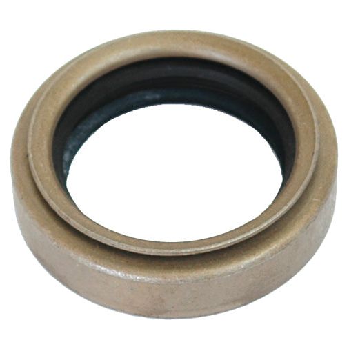 Brown metal circular ring with a black inner lining, viewed from an angle showing both the outer and inner edges. This part is essential for Seal Front Timing Cover applications on Case IH and Massey Ferguson machinery. It is identified as the Oil Seal 1.75 x 2.5 x 0.55 by Sparex, Part No.S.42195.

