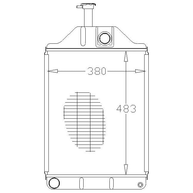 Line drawing of a Sparex Radiator - S.42196, featuring 2 rows and labeled dimensions: width 380 mm and height 483 mm. The top includes a filler cap, while the bottom features two inlet/outlet connectors.