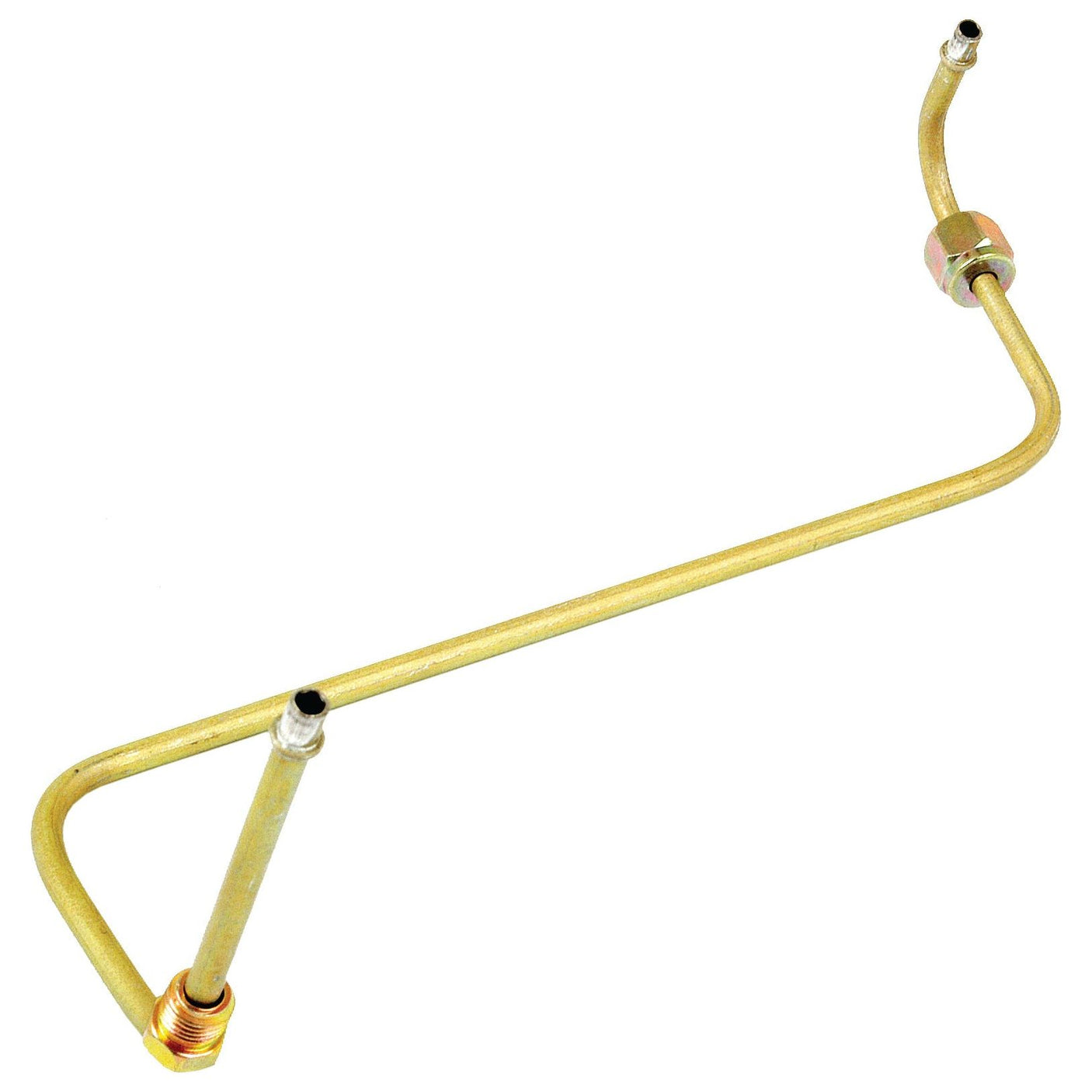 The Sparex Fuel Pipe, Part No. S.42205, is a yellow metallic pipe with several bent sections featuring threaded connectors at both ends and a cylindrical nut in the middle, designed specifically for Massey Ferguson tractors. This component ensures reliable fuel flow and durability.