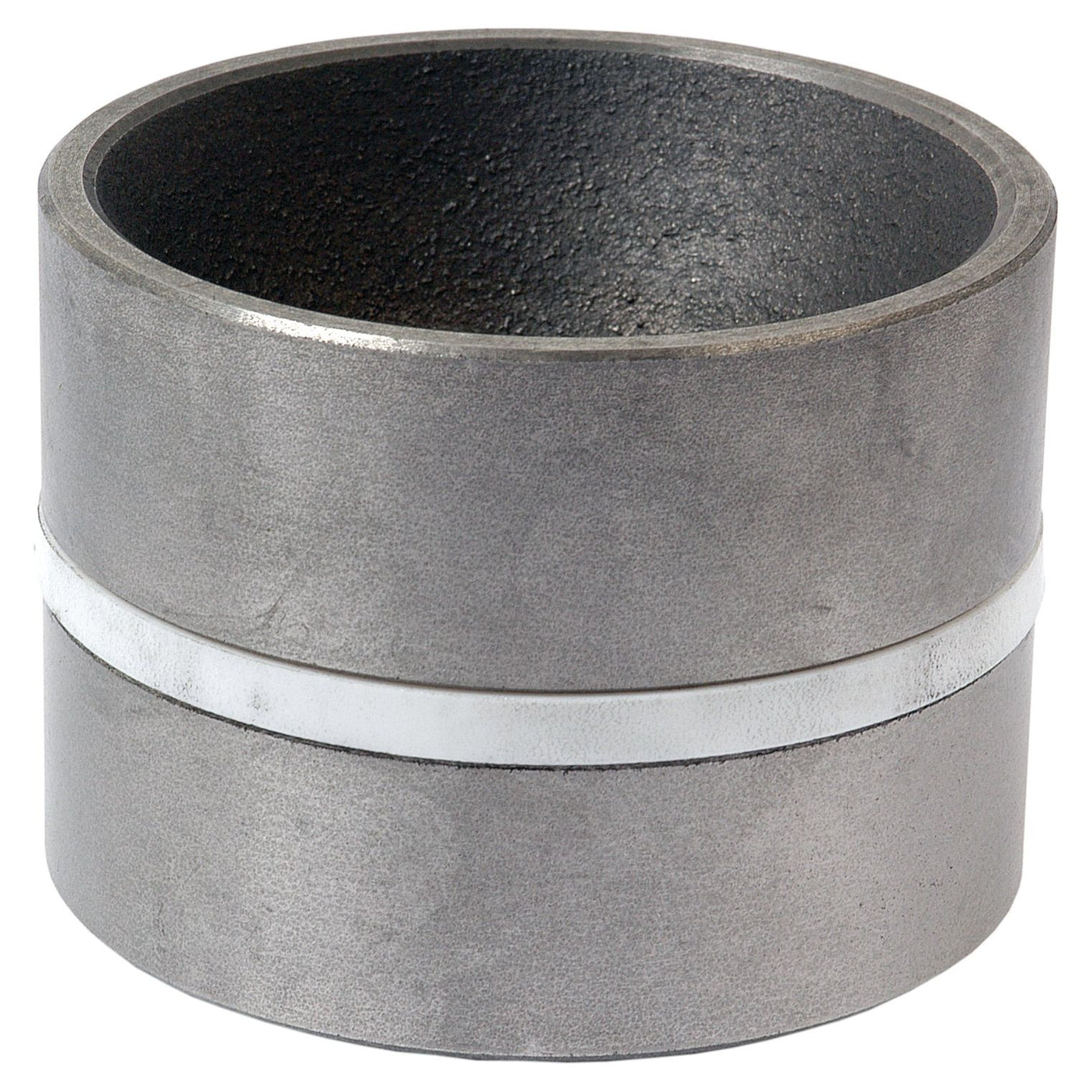 A cylindrical metal pipe coupling with a textured interior and smooth exterior, featuring a white ring around the center, resembles the Sparex Hydraulic Cylinder Piston (Sparex Part No. S.42221) used in Massey Ferguson machinery.