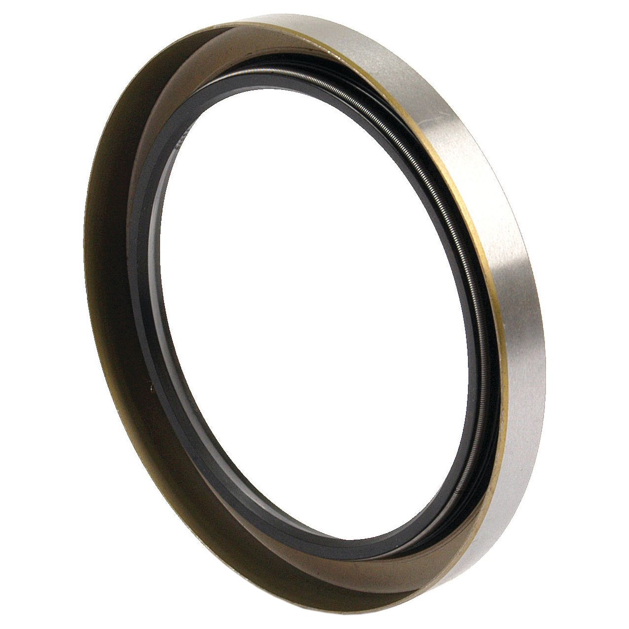 A Sparex Oil Seal 4.0 x 5.12 x 0.56 (Sparex Part No.S.42233), characterized by its metal and rubber construction with a circular shape, shown against a white background. Ideal for Massey Ferguson and Landini models.
