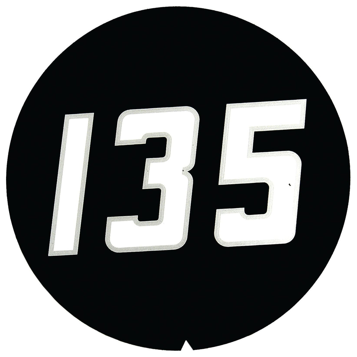 A black circle with the number 135 in bold white font, reminiscent of the Decal - Massey Ferguson 135| Sparex Part No.S.42248 by Sparex.