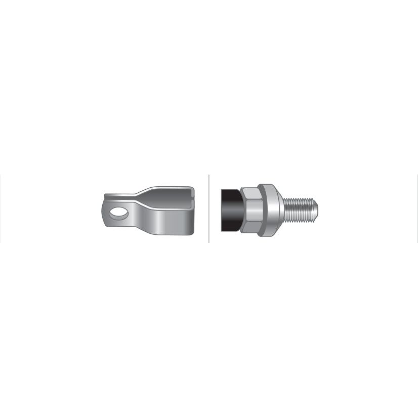 Illustration of two metal components: one is a connector with a hole and the other is a threaded bolt with a nut, separated by a gap—perfect for Massey Ferguson repairs using the Sparex Throttle Cable (Part No. S.42256) with an overall length of 1208mm and an outer cable length of 1071mm.