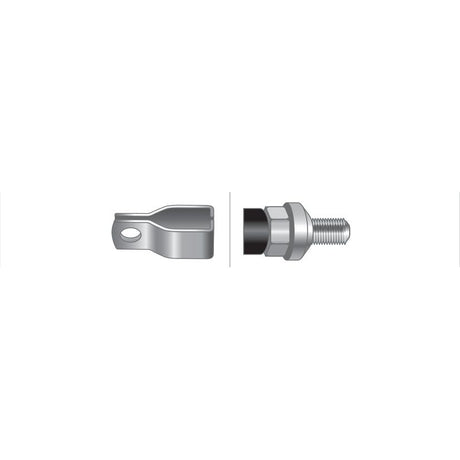 Illustration of two metal components: one is a connector with a hole and the other is a threaded bolt with a nut, separated by a gap—perfect for Massey Ferguson repairs using the Sparex Throttle Cable (Part No. S.42256) with an overall length of 1208mm and an outer cable length of 1071mm.