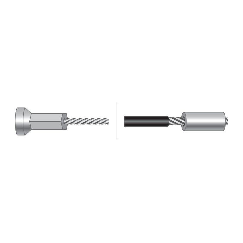 Image showing two close-up views of Sparex mechanical cable end fittings. One end has a hexagonal fitting, while the other end has a cylindrical fitting with a black coating, making it ideal for Hand Throttle Cable replacements (Hand Throttle Cable - Length: 2600mm, Outer cable length: 2400mm | Sparex Part No. S.42257).