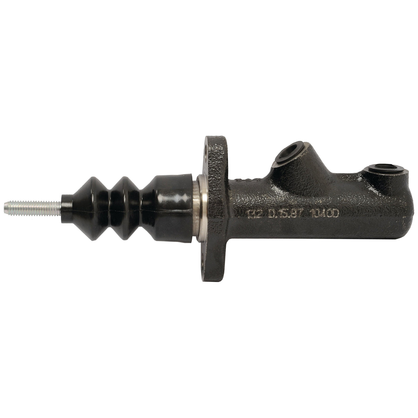 Close-up of the Sparex Brake Master Cylinder (Part No. S.42267) in black metal, featuring a threaded rod extending from one end and two hydraulic ports. This component is ideal for Massey Ferguson models, ensuring reliable braking performance and compatibility with seal/repair kits.