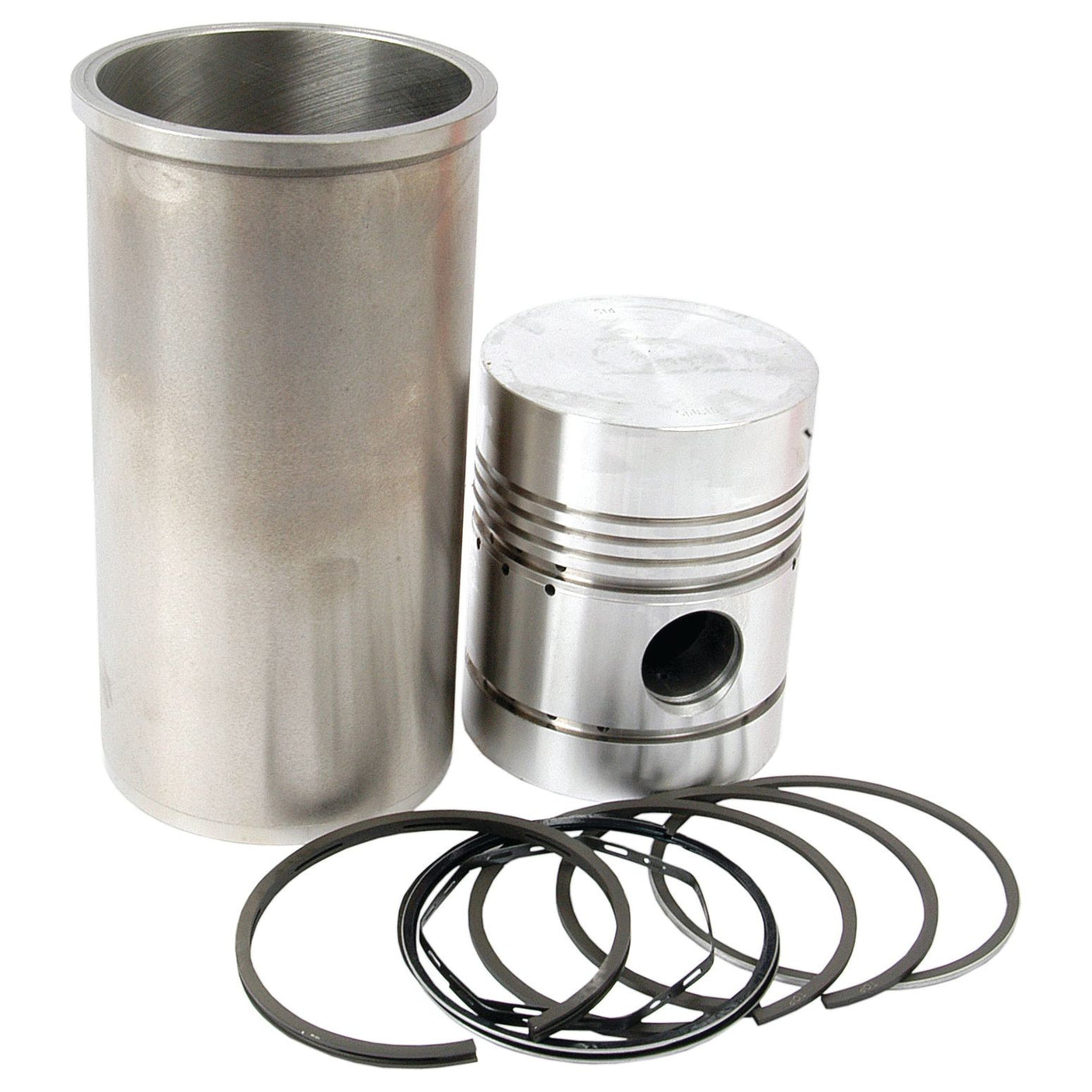 A Piston Ring and Liner Kit (Sparex Part No.S.42274) from Sparex, including a metal piston, cylinder sleeve, and several piston rings, is arranged on a white background.