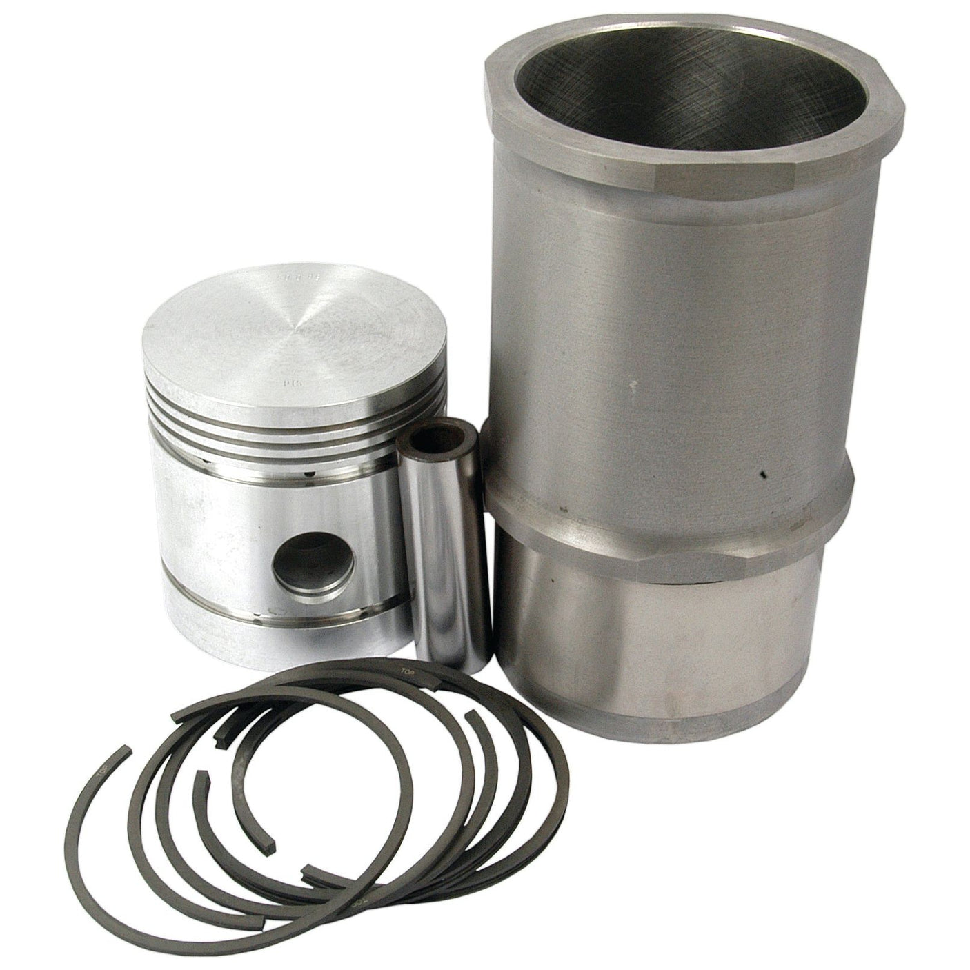 The Piston Ring and Liner Kit (Sparex Part No. S.42275) by Sparex, featuring an 85mm bore cylinder liner and metallic piston with rings, reminiscent of Massey Ferguson engineering, is displayed on a white background.