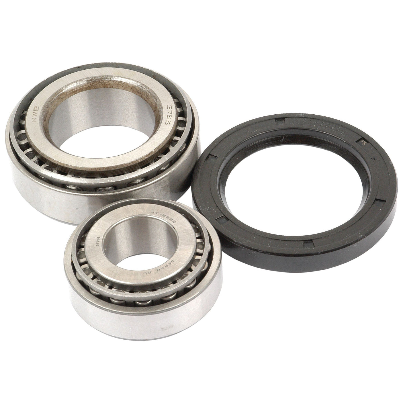 Three metal ball bearings of varying sizes and a black rubber seal ring, part of the Sparex Wheel Bearing Kit (Part No. S.42280), are arranged on a white background.