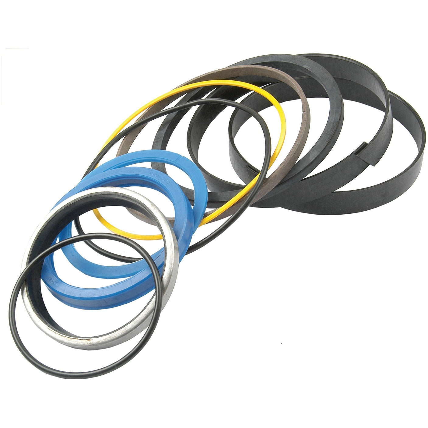 A collection of variously colored and sized O-rings and seals from Sparex, arranged in overlapping circles, includes blue, yellow, black, and metallic ones. The Seal Kit (Dipper Ram), Sparex Part No. S.42295 is ideal for Massey Ferguson dipper ram maintenance.
