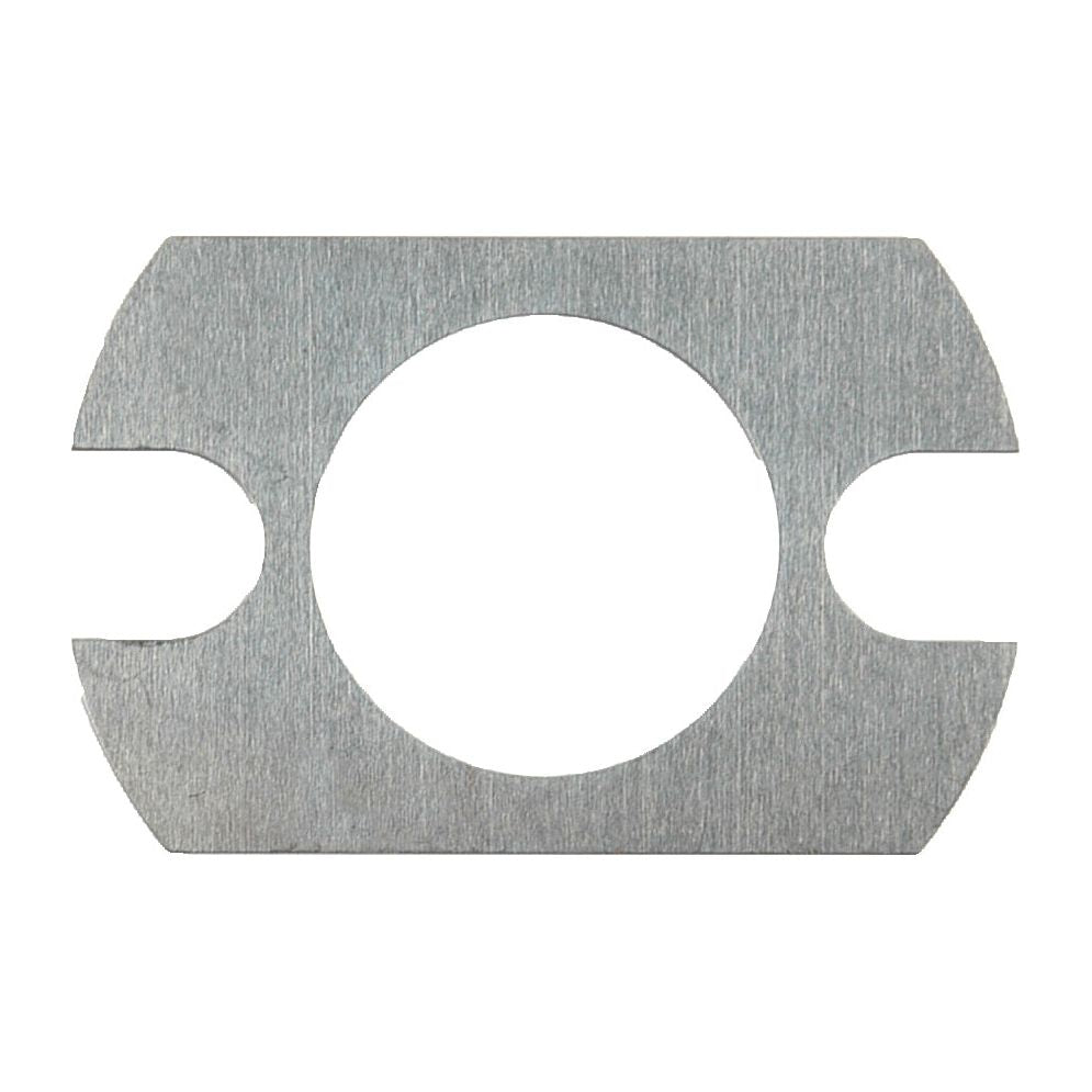 The Sparex Shim (Part No. S.42307) is a rectangular metallic washer featuring rounded cutouts on two opposite sides and a circular hole in the center, typically utilized as a shim.