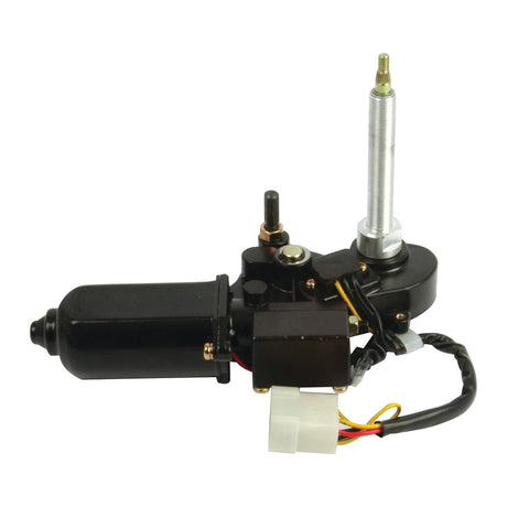 A black Wiper Motor 12V (Sparex Part No. S.42311) automotive antenna motor assembly with attached wires and a white connector by Sparex.