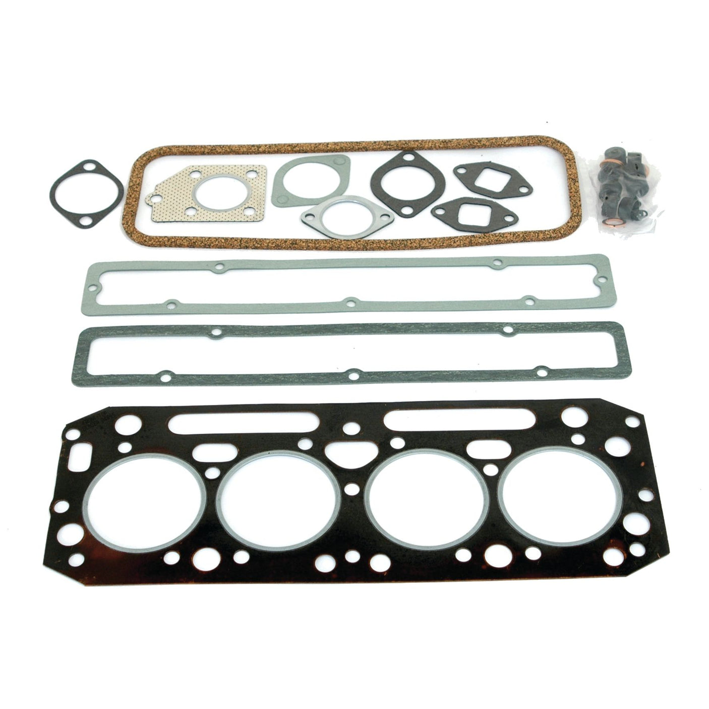 An assortment of engine gaskets, including head, exhaust, intake, and various smaller gaskets from the Sparex Top Gasket Set - 4 Cyl. (A4.99, 4.107, A4.107) | Sparex Part No.S.42315 placed on a white background.