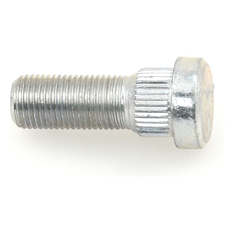 A close-up image of the Sparex Wheel Stud 1/2'' x 1 1/2'' (UNF) Grip Ø: 5/8'', Massey Ferguson Compatible, featuring a metallic, threaded body and a ribbed, cylindrical head on a white background.