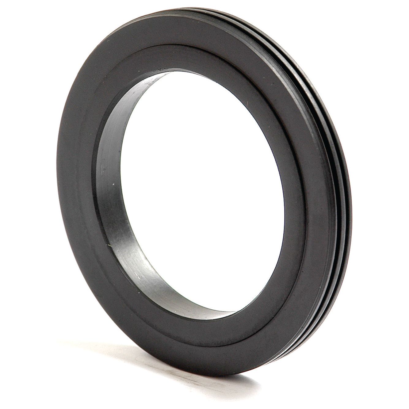 A black, circular metal ring with a hollow center and ridged edges, resembling the Sparex Oil Seal (52.5 x 76.5 x 9.5mm | Sparex Part No.S.4234), rests upright against a plain background.