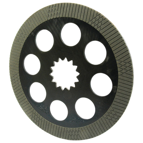 Introducing the Brake Friction Disc with a diameter of 355mm by Sparex (S.42355), this round, black component features eight circular holes, a serrated edge, and a central star-shaped opening.