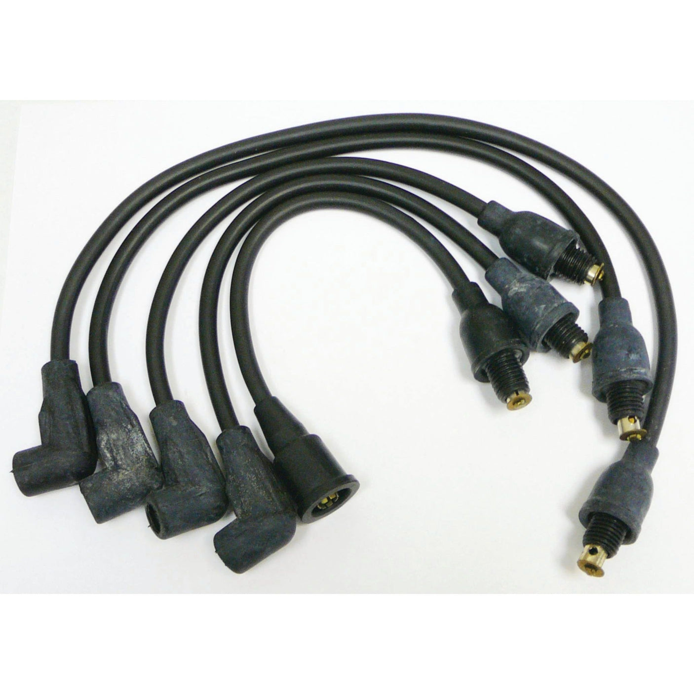 A Sparex Spark Plug Cable Set 4 Cyl. - Threaded (Sparex Part No. S.42375), featuring six black cables arranged in a semi-circular pattern on a white background.