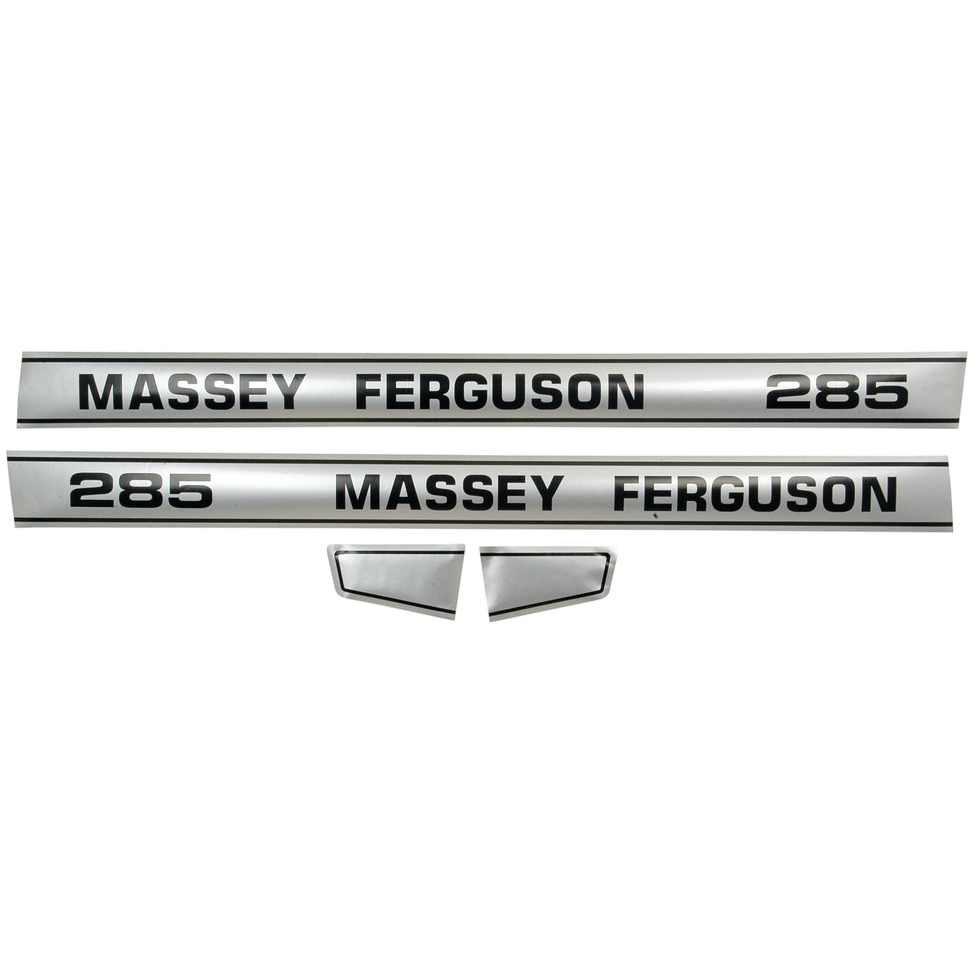 Two silver decals from Sparex for the Massey Ferguson 285 tractor are displayed, each featuring bold black lettering reading "MASSEY FERGUSON 285." This decal set (Sparex Part No. S.42380) is perfect for restoring your classic tractor's appearance to like-new condition.