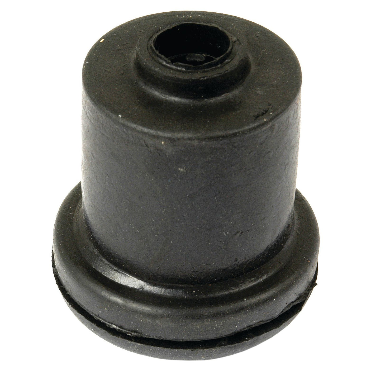 Close-up of the Grommet-Ammeter, Sparex Part No.S.42392, a small, cylindrical black rubber grommet with a flanged base and a hole through its center, ideal for use in Landini or Massey Ferguson equipment.