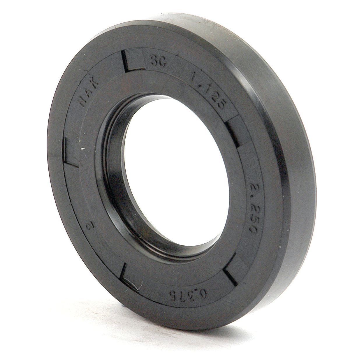 The Imperial Rotary Shaft Seal by Sparex, part number S.42395, is a circular black rubber seal with a central hole labeled "AX," "SC," "2.255," and "0.375." Measuring 1 1/8'' x 2 1/4'' x 3/8'', this single lip seal is commonly used in Massey Ferguson machinery.