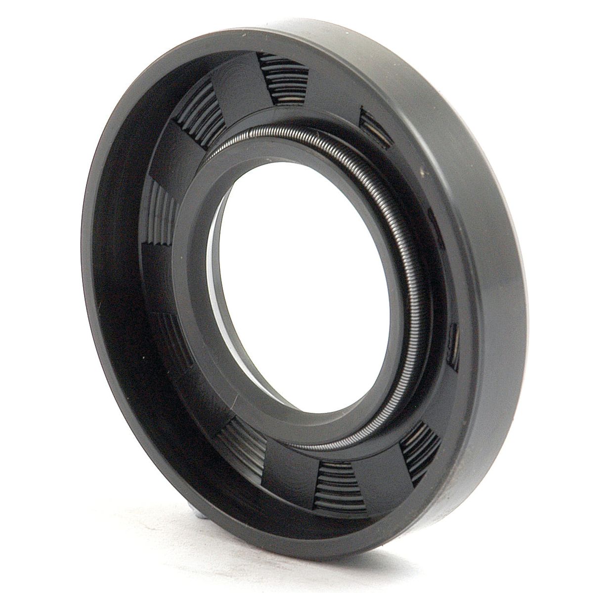 The Sparex Imperial Rotary Shaft Seal (Part No. S.42395) is a circular black rubber and metal oil seal with internal grooves and a central opening, featuring a single lip design. Measuring 1 1/8'' x 2 1/4'' x 3/8'', this seal is ideal for Massey Ferguson machinery.