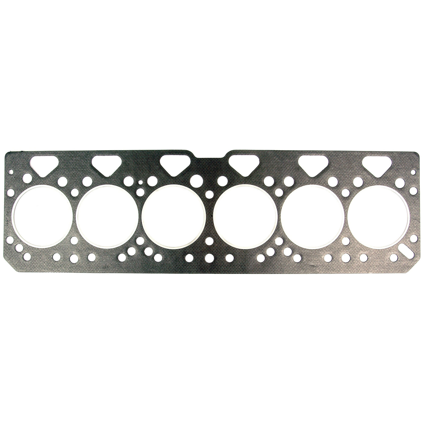 A Sparex Head Gasket - 6 Cyl. (1006.6, 1006.6T, 1006.60, 1006.6TW), featuring five circular openings and multiple smaller holes along the perimeter, designed for use in a Perkins Engine (Sparex Part No.S.42396).